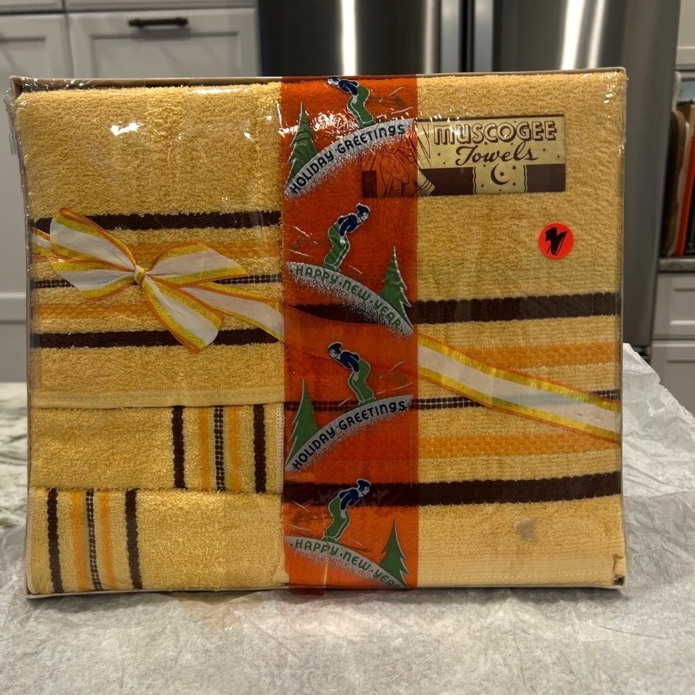 VTG‎ Muscogee Towels Bathroom Towel Set Yellow Brown Mid Century Modern Atomicf